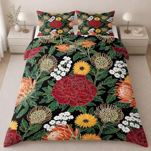 Boho Floral Duvet Cover King Size, Sage Green Leaves Botanical Bedding