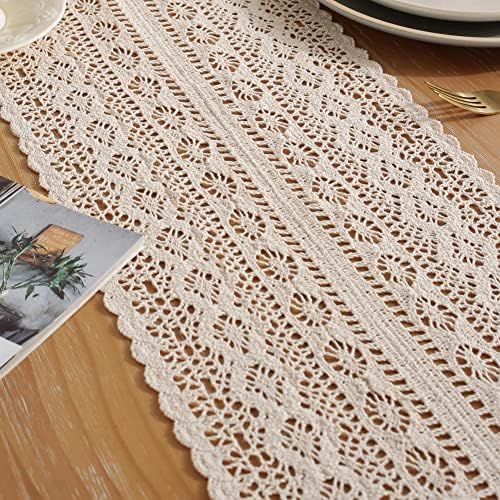 meioro Crochet Lace Table Runner, 10x72 Inch Boho Cotton Table Runners