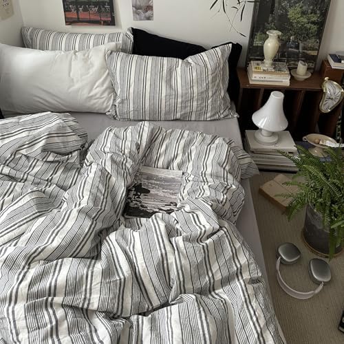mixinni Vintage Gray & White Striped Duvet Cover Set - 3 Piece 100%