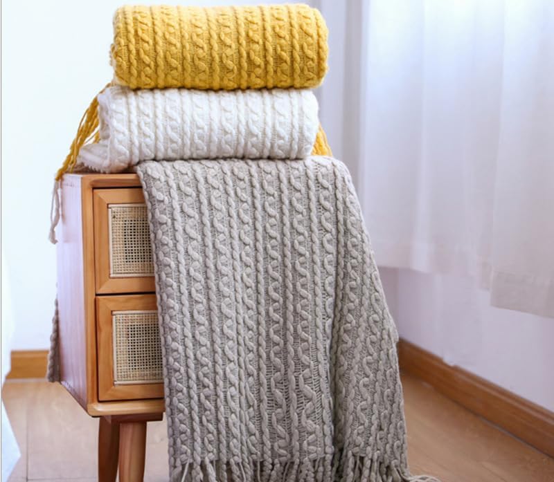 Knitted Throw Blanket for Couch Home Decorative Blankets with Tassel