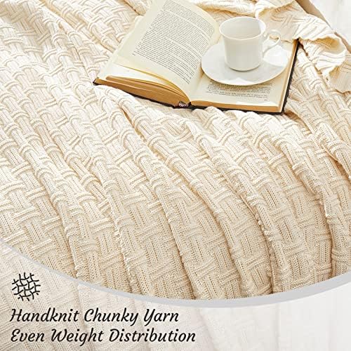 TREELY 100% Cotton Knitted Throw Blanket 50 x 60 Inches, Ivory White