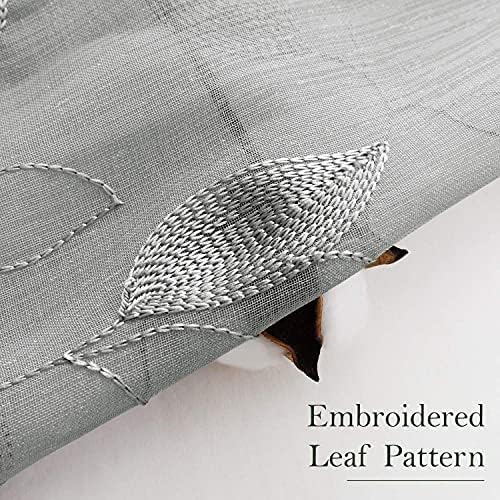 HOMEIDEAS Light Grey Sheer Curtains Leaf Embroidered, 52x63 Inch, 2