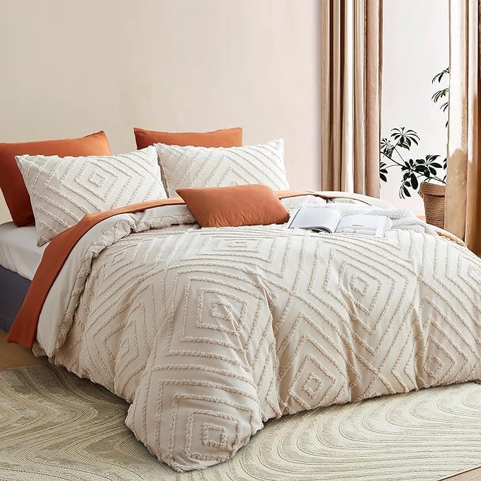 3-Pcs Luxury Tufted Duvet Cover, Beige Duvet Set, Queen XL Boho