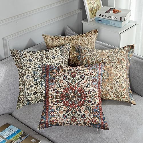 Sanwarm Linen Throw Pillow Covers Set of 4, 16 x 16 Inch, Boho Mandala