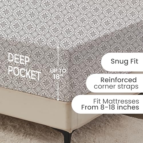 King Fitted Sheet Only,Deep Pocket Fit up to 18",Gray Vintage Floral