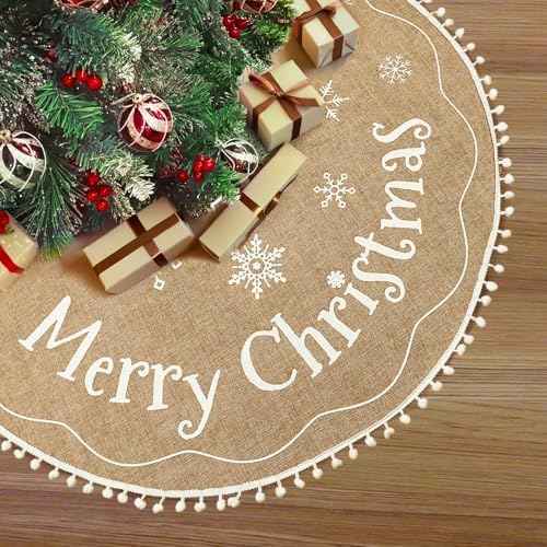 Farmhouse Christmas Tree Skirt, 48 inches, White Pom Pom
