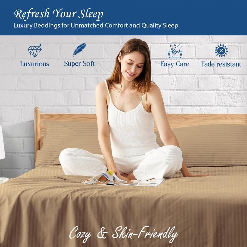 SKS Linen- 500 Thread Count Taupe Stripe(Full XL) Bed-Sheet Set-Highly