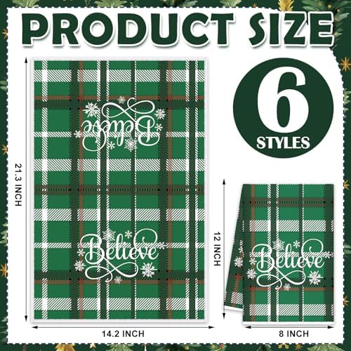Oudain 6 Pcs Christmas Kitchen Towels Green Plaid Xmas Tree Tea
