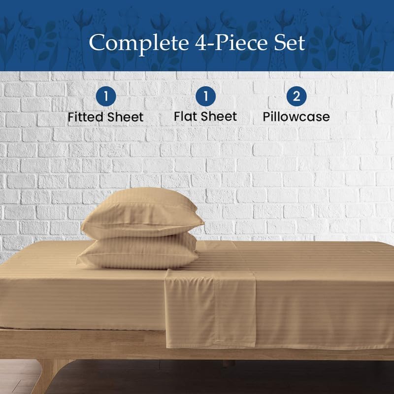 SKS Linen- 500 Thread Count Taupe Stripe(Full XL) Bed-Sheet Set-Highly
