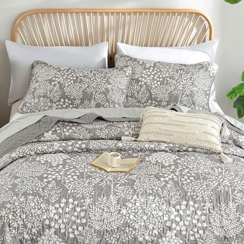 WONGS BEDDING Gray Quilt Set King Size, Botanical Print Bedspread