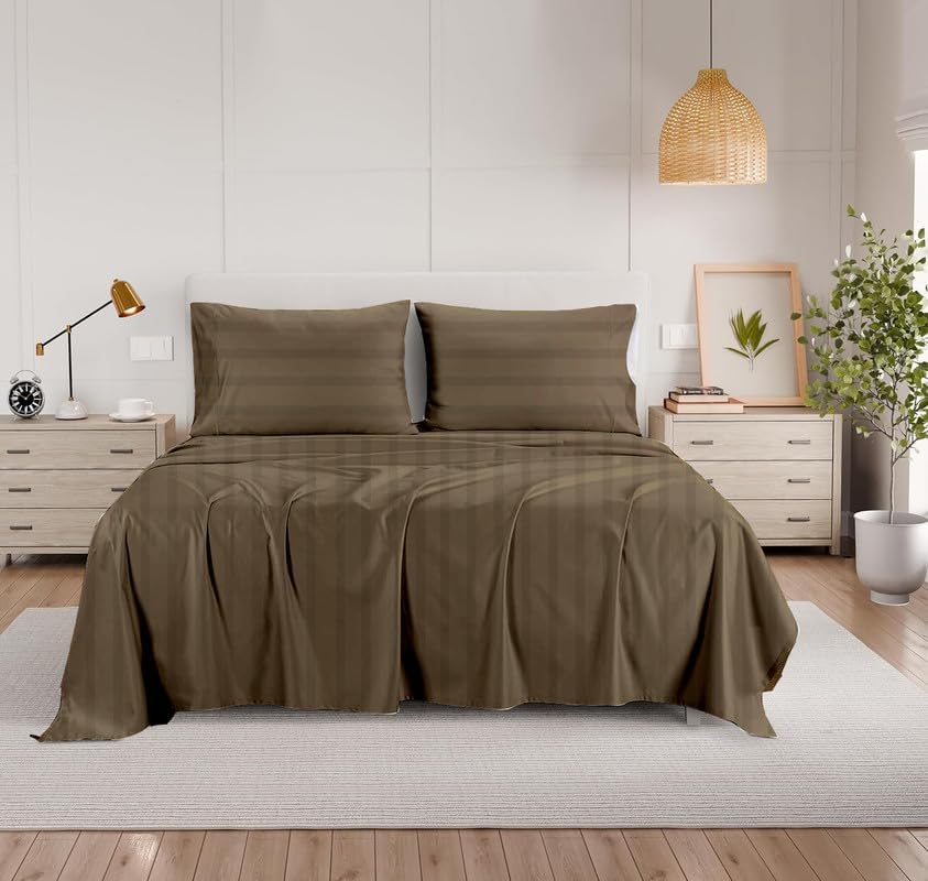 Rajlinen Twin XL Size Sheets- 4 Piece Taupe Stripe Sheet Set- 100%