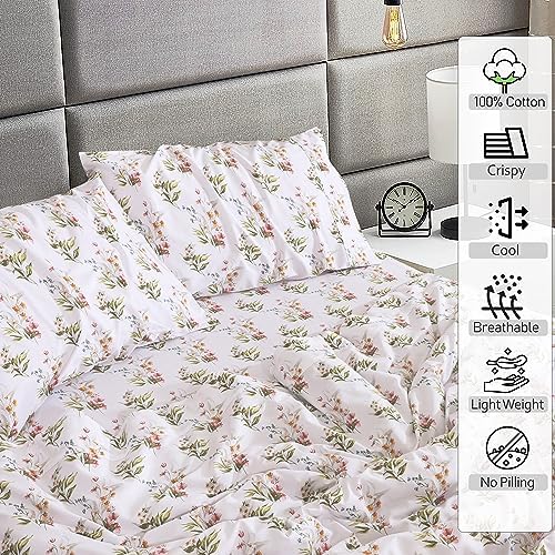 RUVANTI 100% Cotton Split King Sheets, Percale Sheet Set, Floral Bliss