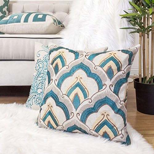 Embroidered Linen Throw Pillow Cover, Raybrook Tan and Teal Floral