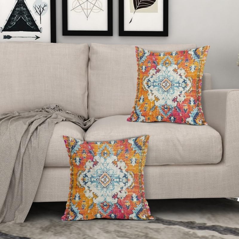 Orange Teal Boho Vintage Pillow Covers 20X20 Inch Bohemian Carpet
