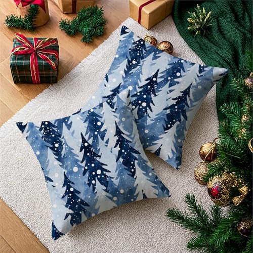 Pine Trees Throw Pillow Covers Set of 2, Winter Rustic Snowflakes Blue