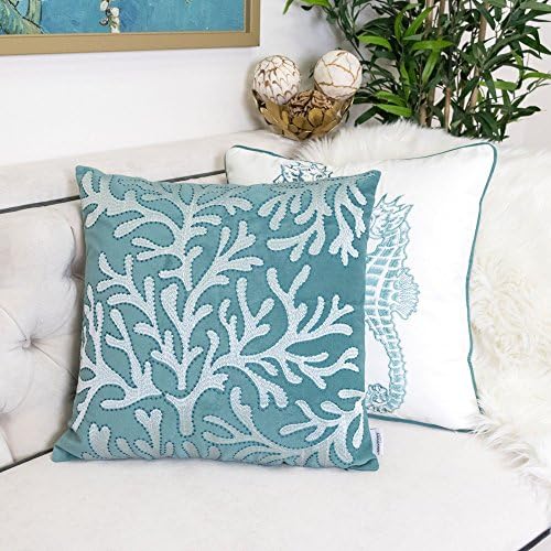Embroidery Teal Velvet Coral Island Throw Pillow Cover,Ocean Series