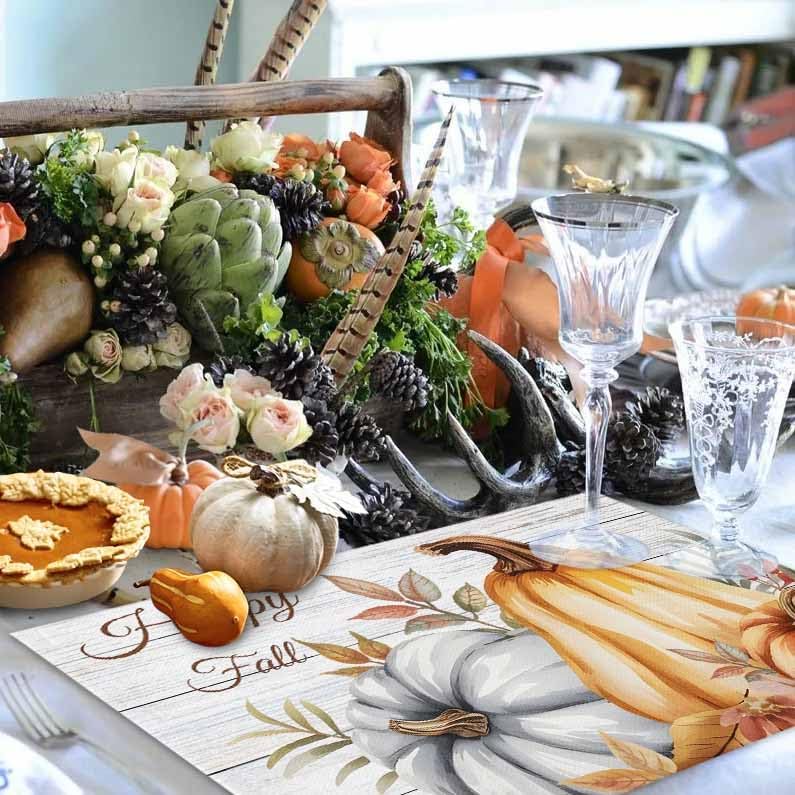 Placemats Set of 8, Fall Thanksgiving Harvest Pumpkins Washable Table