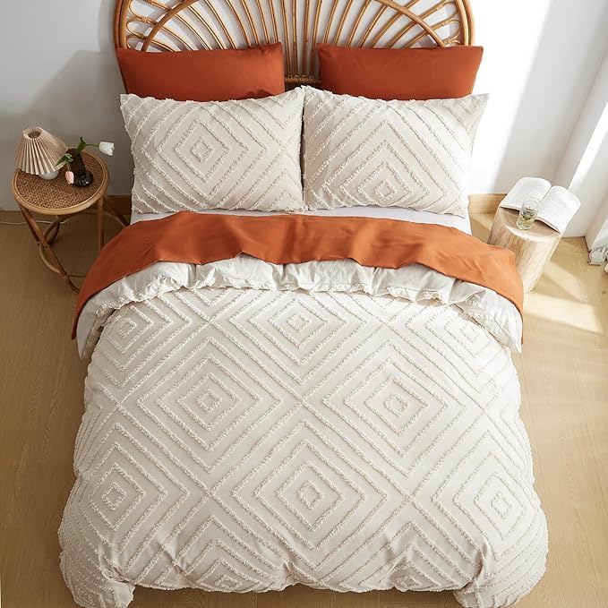 3-Pcs Luxury Tufted Duvet Cover, Beige Duvet Set, Queen XL Boho