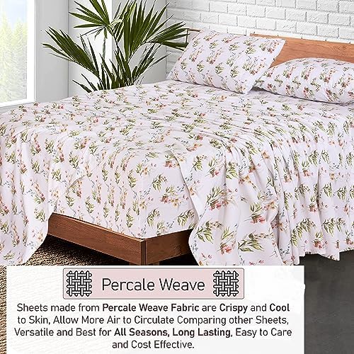 RUVANTI 100% Cotton Split King Sheets, Percale Sheet Set, Floral Bliss