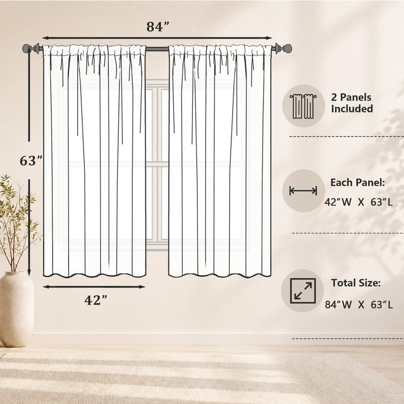 Simplebrand Light Grey Semi Sheer Curtains 63 Inch Length 2 Panels for