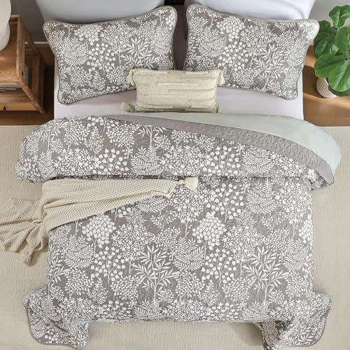 WONGS BEDDING Gray Quilt Set King Size, Botanical Print Bedspread