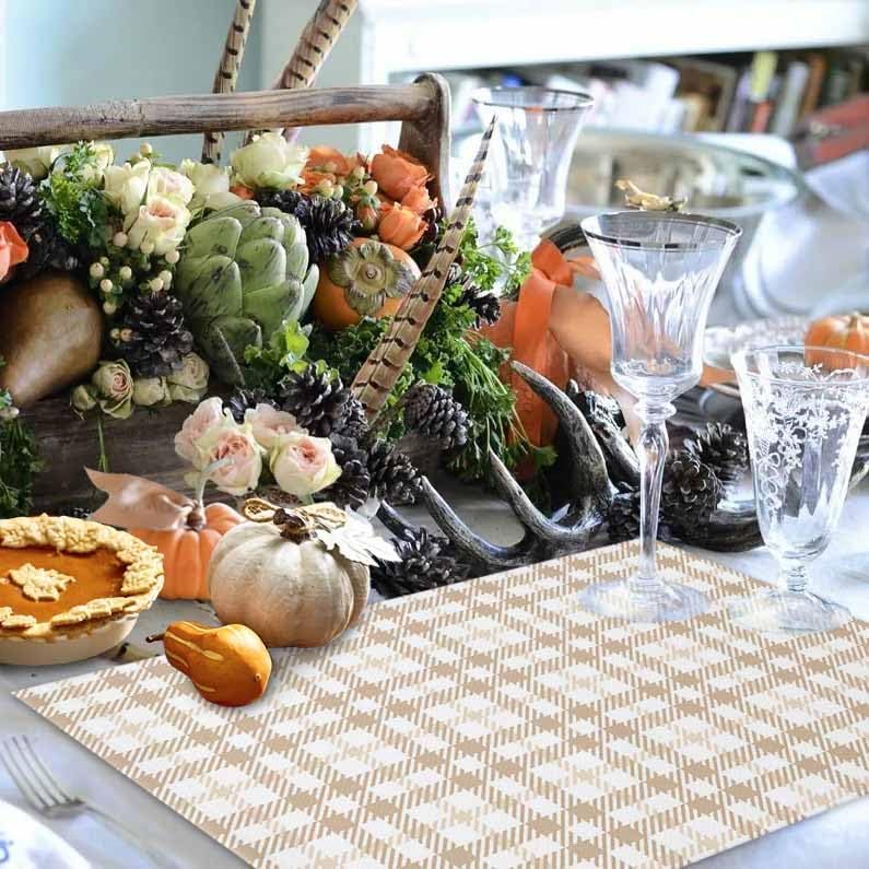 Placemats Set of 8, Farmhouse Pastoral Khaki Tartan Plaid Washable