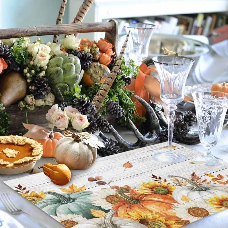 Placemats Set of 8, Thanksgiving Fall Pumpkin Harvest Washable Table