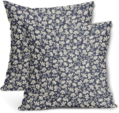 Navy Blue Beige Daisy Floral Pillow Covers 20X20 Inch Vintage Flowers