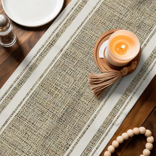 White Double Border Table Runner, Farmhouse Linen Woven Texture Beige