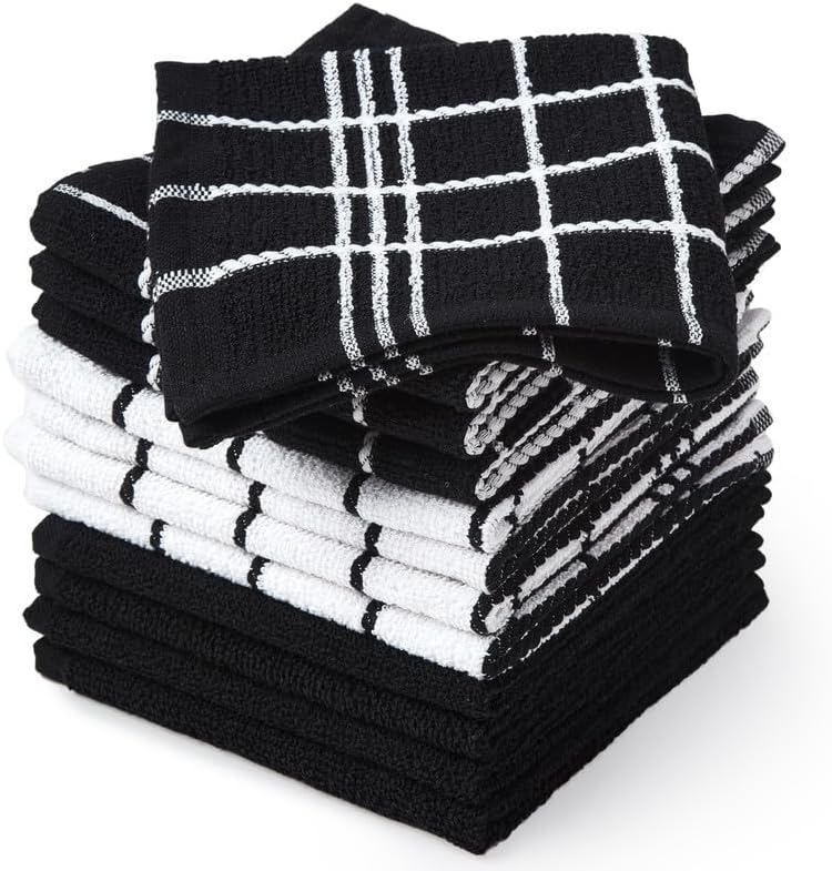 Encasa XO Terry Cloth Kitchen Towels, Dish Cloths 12"x12" Terry Black