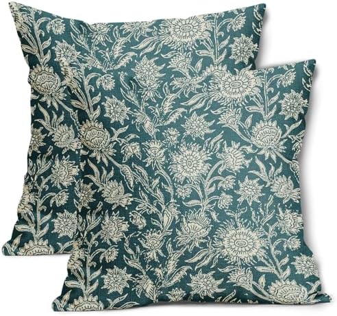 Teal Vintage Floral Pillow Covers 20x20 Inch Set of 2 Neutral Flower