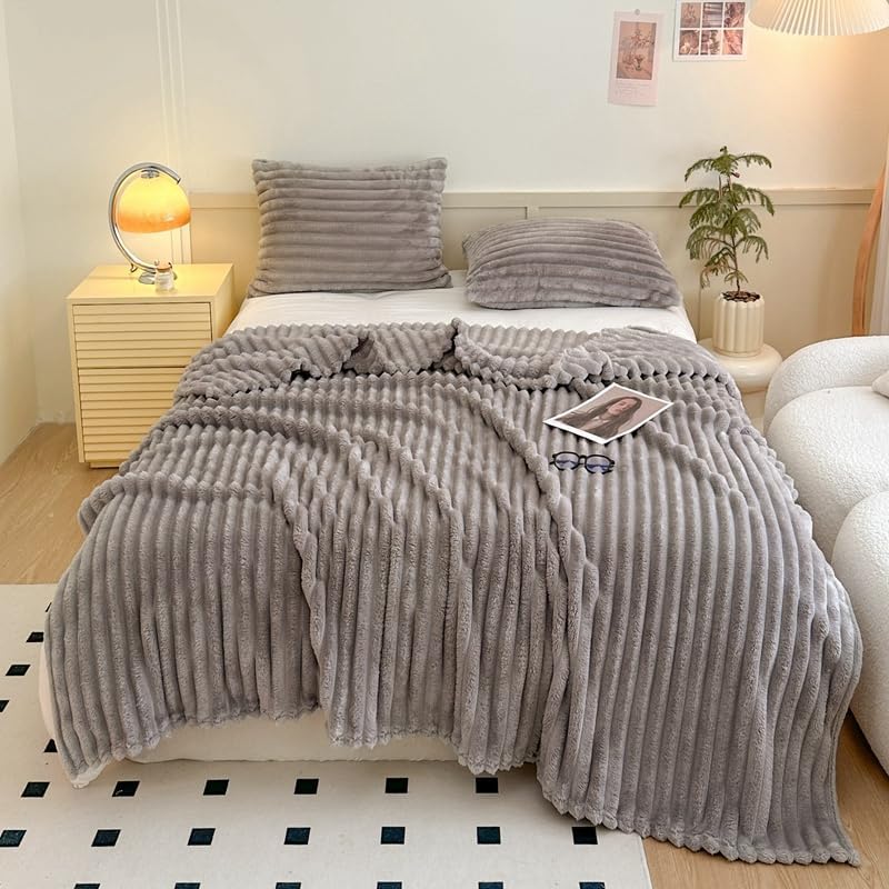 Fleece Throw Blanket, Soft Cozy Fluffy Striped Blanket for Couch Sofa