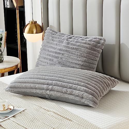 Bed Pillowcase Queen Set of 2 Striped Faux Rabbit Fur and Velvet Back