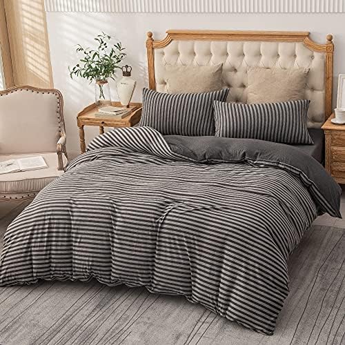 PURE ERA Jersey Duvet Cover Set Charcoal Dark Grey Stripe Full