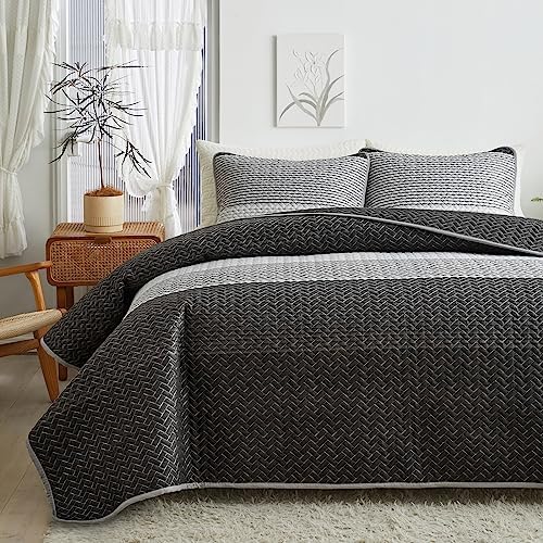 Flysheep Boho Striped Quilt Set King Size, 3 Pcs Grey and White