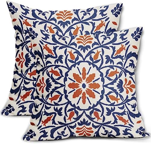 Navy Blue Orange Boho Pillow Covers 18 X 18 Inch Bohemian Ethnic