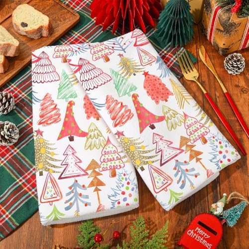 Whaline 2Pcs Boho Christmas Kitchen Towel Colorful Xmas Tree Dish