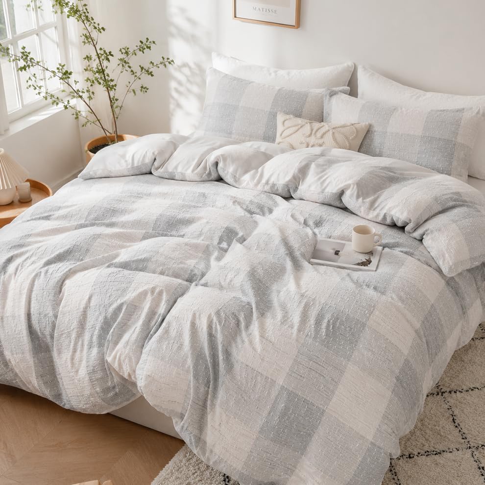 SLEEP ZONE Duvet Cover Set Queen, Modern Grid Jacquard Bedding Set