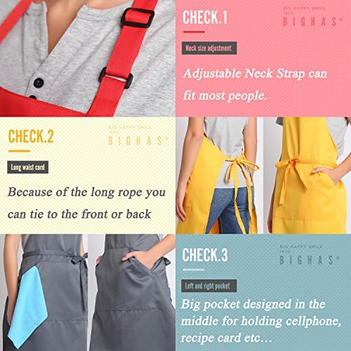 BIGHAS Adjustable Bib Apron with Long Ties for Women Men 18 Colors