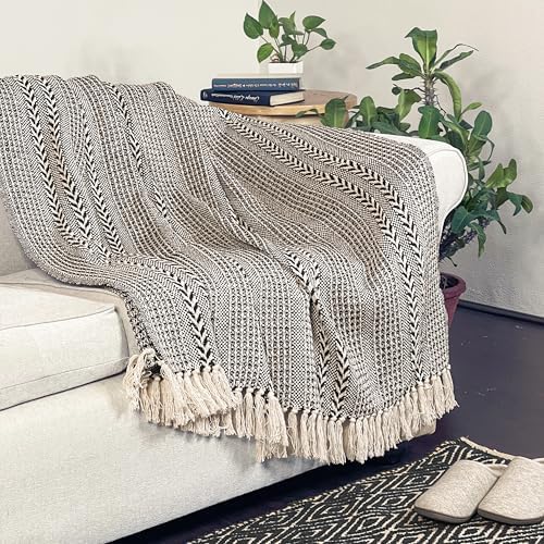 Chardin home Recycled Cotton Throw, Black & Cream, 50x60 in, Large