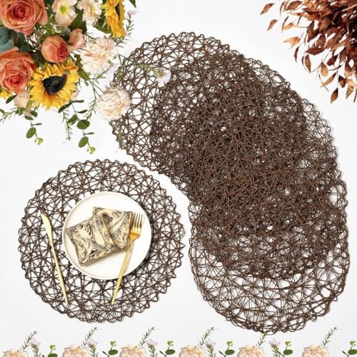 IcosaMro Brown Round Placemats Set of 6 for Dining Table, 13 Inches