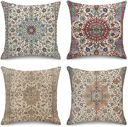Sanwarm Linen Throw Pillow Covers Set of 4, 16 x 16 Inch, Boho Mandala
