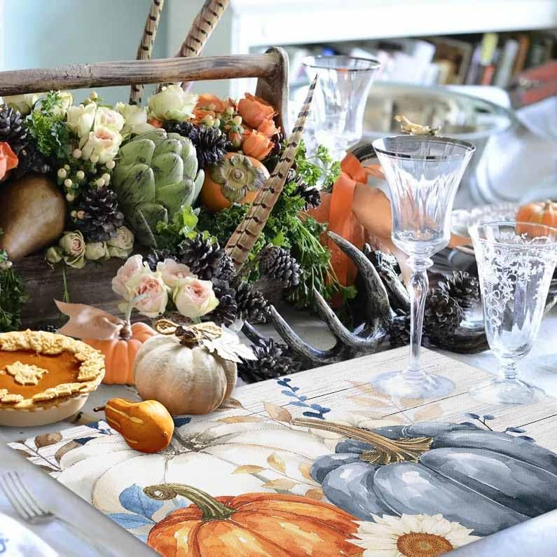 Placemats Set of 8, Fam Autumn Pumpkin Fall Leaves Washable Table Mats