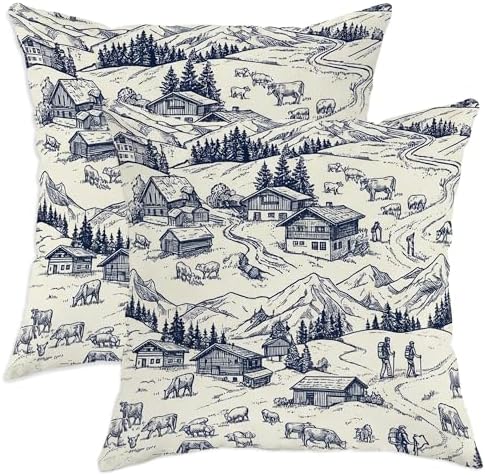 Mountain Throw Pillow Covers Set of 2, Rustic Scenic Cattle House Fall