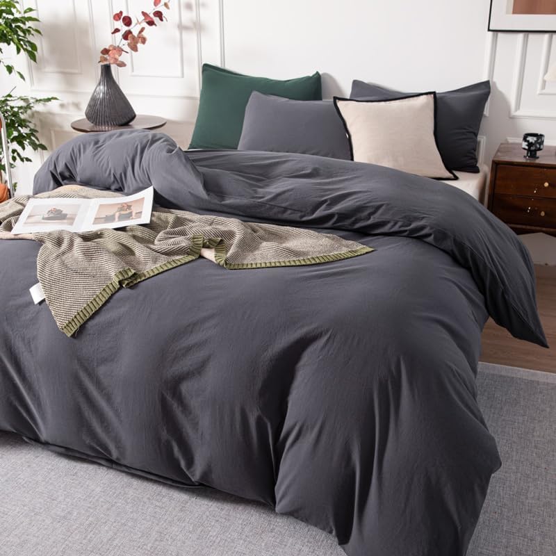 Janlive Washed Cotton Duvet Cover Set Linen Feel Textured Ultra Soft