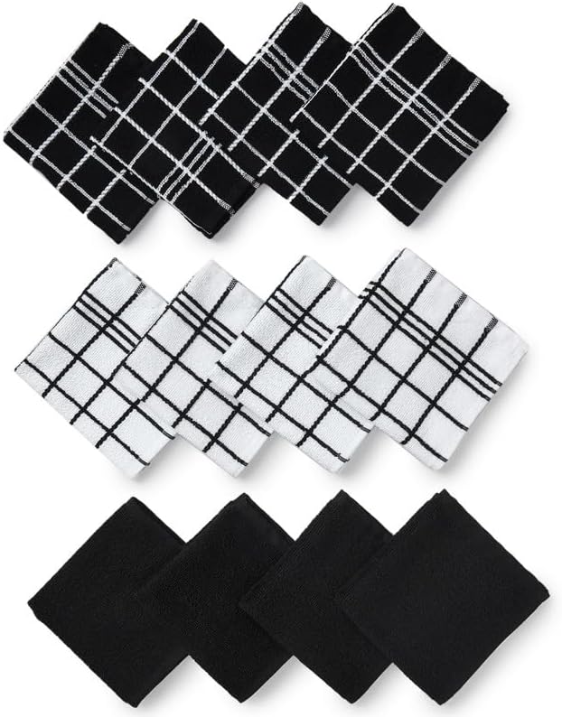 Encasa XO Terry Cloth Kitchen Towels, Dish Cloths 12"x12" Terry Black