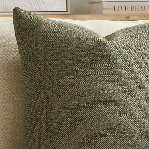 Meekio Set of 2 Linen Look Olive Green Pillow Covers 20x20, Decorative
