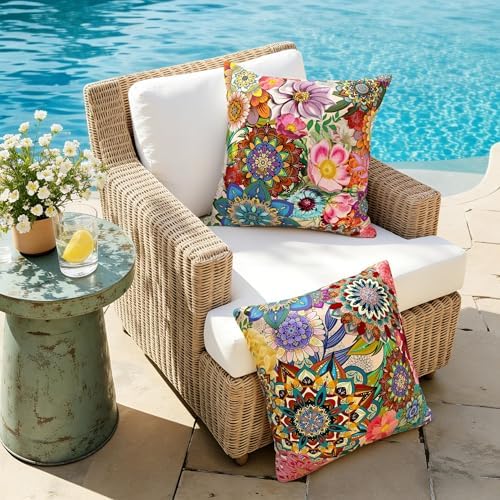 Outdoor Pillow Covers 18x18 Boho Floral Waterproof Throw Pillow