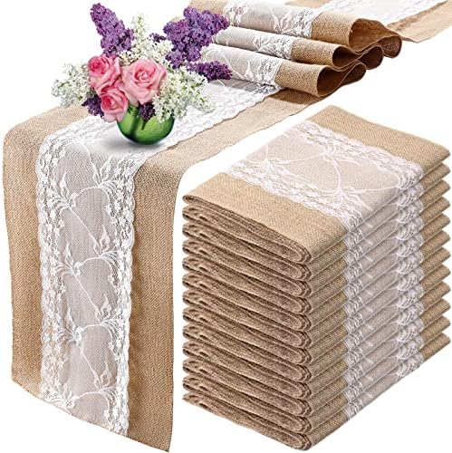 Chumia 12 Pcs 12 x 108 Inch Wedding Burlap Table Runners with White