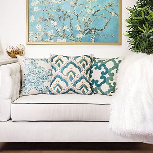 Embroidered Linen Throw Pillow Cover, Raybrook Tan and Teal Floral